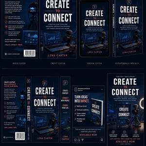 May include: A collection of book marketing materials titled Create to Connect by Lena Carter. The dark blue designs feature a laptop, camera, and microphone, showcasing the front cover, back cover, ebook, 3D mockup, bookmark, and promotional posters.