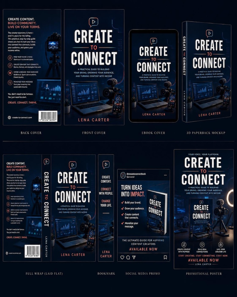 May include: A collection of book marketing materials titled Create to Connect by Lena Carter. The dark blue designs feature a laptop, camera, and microphone, showcasing the front cover, back cover, ebook, 3D mockup, bookmark, and promotional posters.