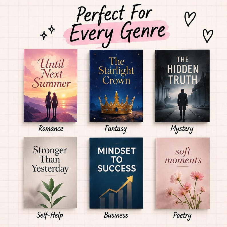May include: Six book covers arranged in two rows with the text Perfect For Every Genre at the top. Titles include Until Next Summer, The Starlight Crown, The Hidden Truth, Stronger Than Yesterday, MINDSET TO SUCCESS, and soft moments with genre labels.