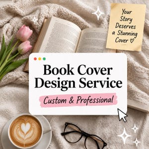 May include: A white rectangular sign with black text reading Book Cover Design Service and Custom & Professional on a pink background. A yellow sticky note reads Your Story Deserves a Stunning Cover. Includes an open book, tulips, and coffee.