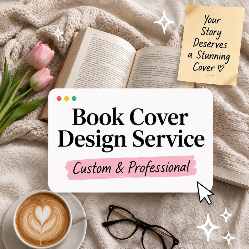 May include: A white rectangular sign with black text reading Book Cover Design Service and Custom & Professional on a pink background. A yellow sticky note reads Your Story Deserves a Stunning Cover. Includes an open book, tulips, and coffee.