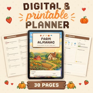Puede incluir: Un conjunto de planificador digital e imprimible con una tableta que muestra una portada de Farm Almanac con un paisaje rural, junto a dos páginas abiertas para registrar amistades y tareas diarias, decorado con iconos de arte de píxeles.