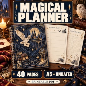 Magical Wizard Printable Planner | 40 Page A5 Fantasy Life Planner with Stickers Undated PDF