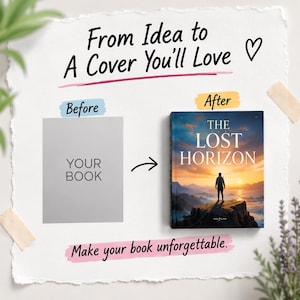 May include: A graphic showing a transformation from a plain gray square labeled "YOUR BOOK" to a finished book cover titled "THE LOST HORIZON" featuring a person standing on a cliff at sunset. Text reads "From Idea to A Cover You'll Love" and "Make your book unforgettable."