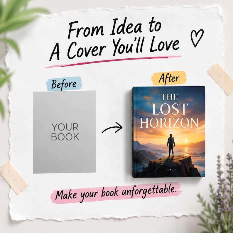 May include: A graphic showing a transformation from a plain gray square labeled "YOUR BOOK" to a finished book cover titled "THE LOST HORIZON" featuring a person standing on a cliff at sunset. Text reads "From Idea to A Cover You'll Love" and "Make your book unforgettable."