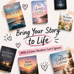 May include: Seven book covers featuring diverse illustrations including ocean sunsets, mountain landscapes, and floral designs. The text reads: Bring Your Story to Life With a Cover Readers Can't Ignore, alongside titles like The Silent Waves and The Coffee Corner.