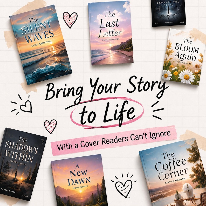 May include: Seven book covers featuring diverse illustrations including ocean sunsets, mountain landscapes, and floral designs. The text reads: Bring Your Story to Life With a Cover Readers Can't Ignore, alongside titles like The Silent Waves and The Coffee Corner.