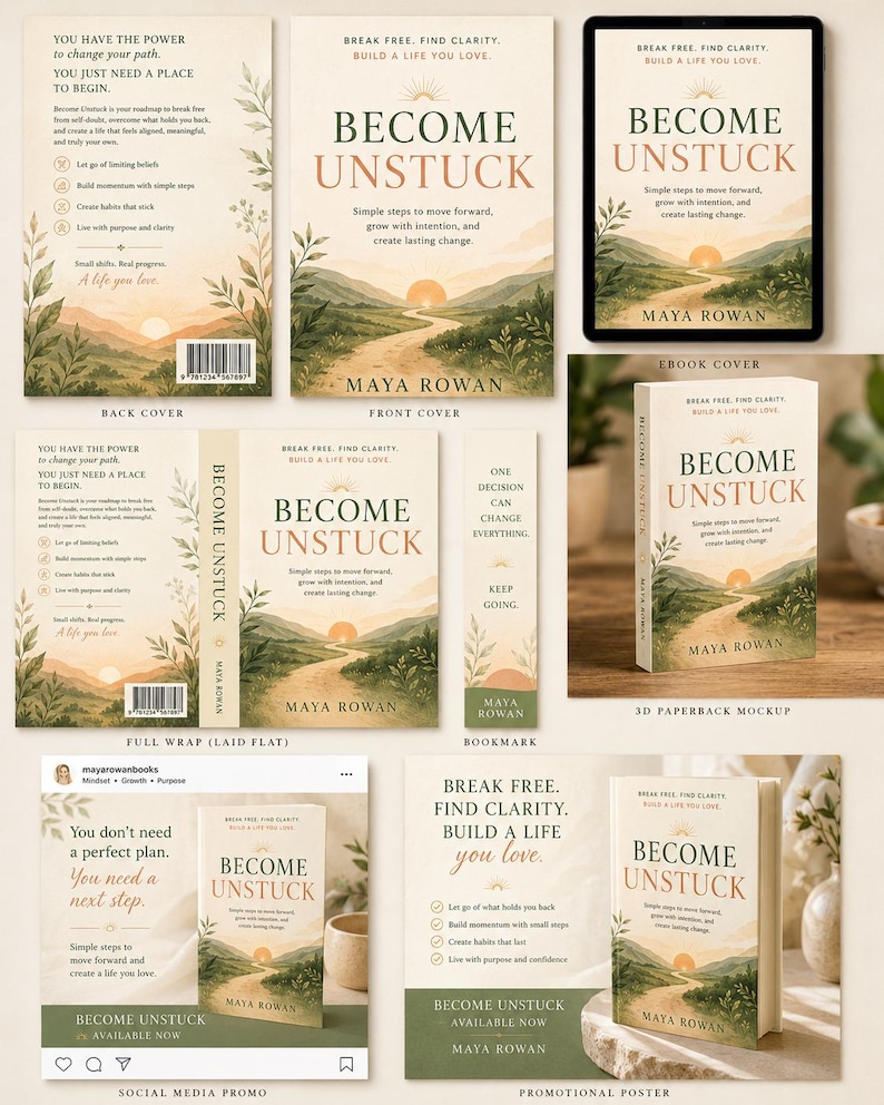 May include: A collection of book marketing materials for Become Unstuck by Maya Rowan, featuring a front cover, back cover, ebook cover, 3D paperback mockup, bookmark, social media promo, and promotional poster with a landscape illustration.