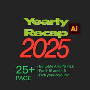 Może przedstawiać: Projekt graficzny rocznego podsumowania na rok 2025, z tekstem "Yearly Recap 2025" w kolorze zielonym i czerwonym. Dodatkowy tekst zawiera "25+ PAGE" oraz szczegóły dotyczące formatu pliku i opcji dostosowywania.