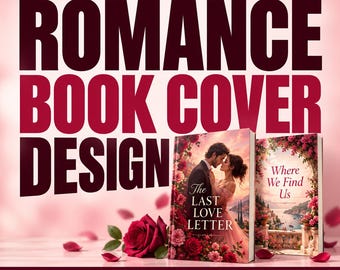 May include: A romance book cover design featuring two books with floral and couple imagery. The text reads MADE FOR YOUR STORY, ROMANCE BOOK COVER DESIGN, The LAST LOVE LETTER, Where We Find Us, and eBOOK & PAPERBACK. Red rose petals are scattered.