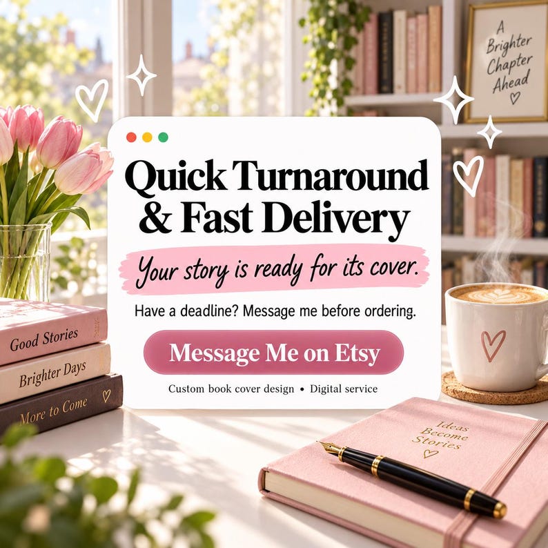 May include: A white rectangular sign with black text reading Quick Turnaround & Fast Delivery, Your story is ready for its cover, Have a deadline? Message me before ordering, Message Me on Etsy, and Custom book cover design, Digital service.