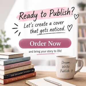 May include: A stack of five books with titles including The Silent Waves, The Last Letter, The Bloom Again, The Shadows Within, and New Dawn, next to a white mug with the text Dream. Write. Publish. and a pen on a notebook with text Ready to Publish?