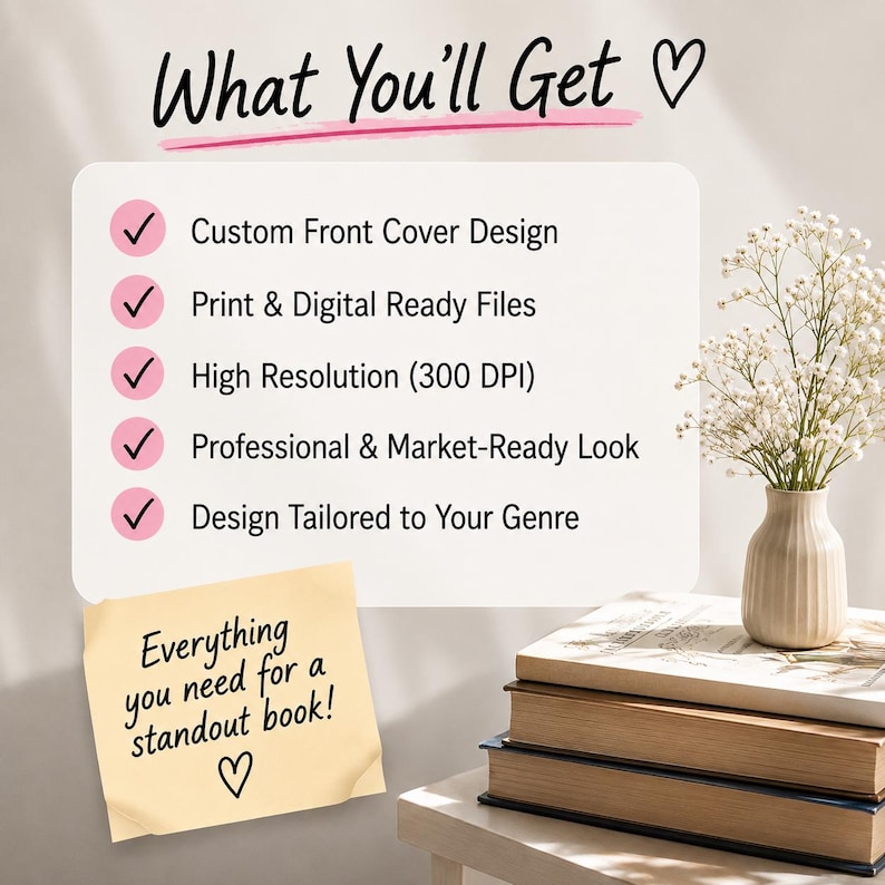 May include: A white rectangular sign with the text What You'll Get and a list of five features including Custom Front Cover Design, Print & Digital Ready Files, High Resolution (300 DPI), Professional & Market-Ready Look, and Design Tailored to Your Genre.