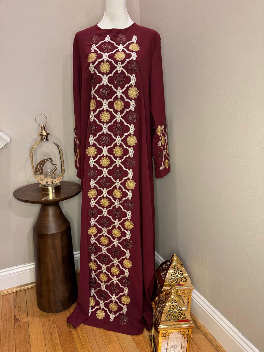 Premium Jalabiya in Red with Silver Neck Embroidery