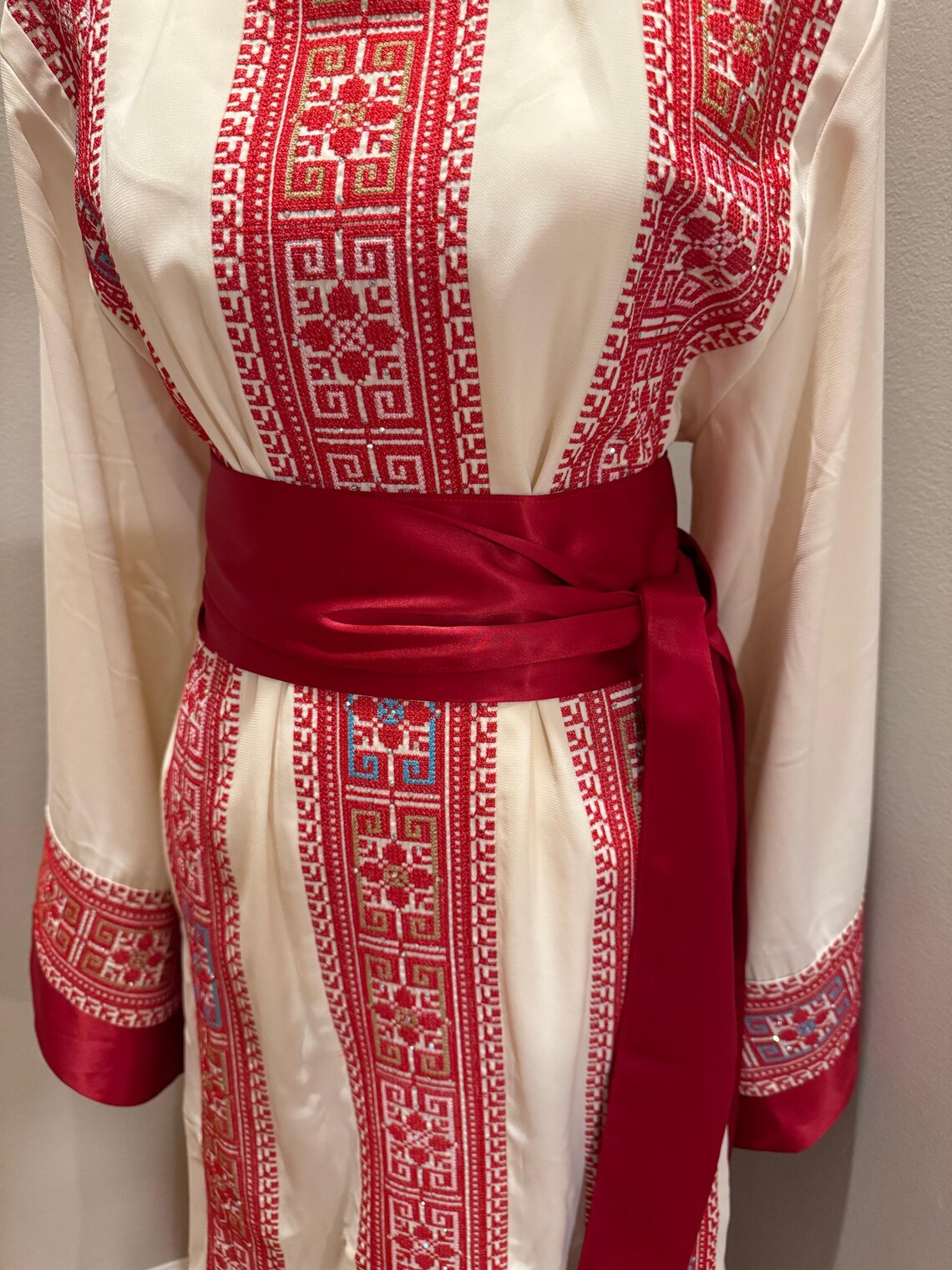 Black Palestinian Embroidered Thobe with Satin Belt