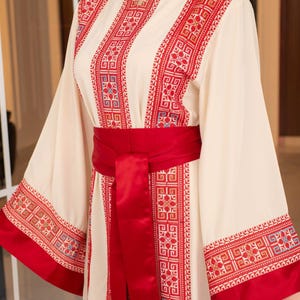 Palestinian Embroidered Thobe Dress – Cream with Red Embroidery & Satin Belt