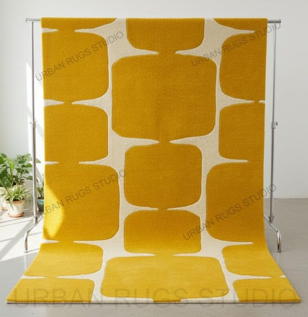 Mustard Yellow Wool Rug – Hand Tufted, Retro Geometric Design - Etsy