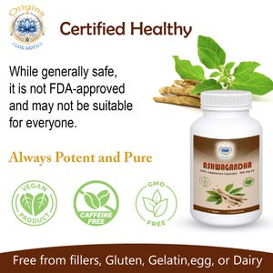 May include: A white bottle of Ashwagandha capsules with a brown label, featuring text and illustrations. The image includes text stating the product is vegan, caffeine-free, and GMO-free. The product is described as always potent and pure.