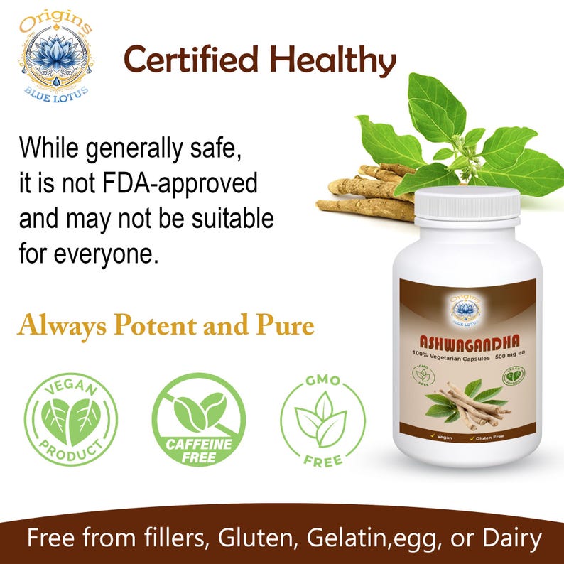 May include: A white bottle of Ashwagandha capsules with a brown label, featuring text and illustrations. The image includes text stating the product is vegan, caffeine-free, and GMO-free. The product is described as always potent and pure.