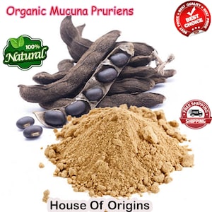 Pode incluir: Pó de Mucuna Pruriens orgânico em um monte com feijões pretos e vagens marrons. O rótulo diz "100% Natural" e "House of Origins".