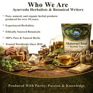 May include: A product display for Origins Blue Lotus Shatawari Root Herbal Tea featuring a pouch, glass teacups, a mortar and pestle, and loose herbs. Text includes 'Who We Are', 'Ayurveda Herbalists & Botanical Writers', and 'Produced With Purity, Passion & Knowledge'.