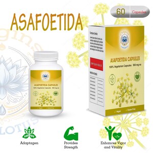 May include: A white bottle and a yellow box of Asafoetida Capsules. The bottle and box feature the text "Asafoetida Capsules 100% Vegetarian Capsules 500 mg ea". The box also displays "60 Capsules". The image includes icons for vegan and gluten-free.