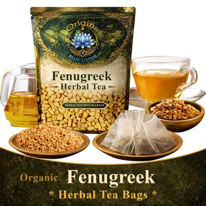 Pode incluir: Um pacote de chá de ervas de feno-grego "Origins Blue Lotus", com uma xícara de chá, saquinhos de chá e sementes. O pacote é verde e dourado, com as palavras "Feno-Grego Chá de Ervas" no centro. O chá é de cor dourada.