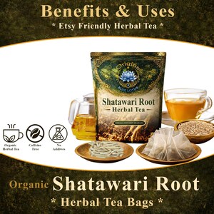 May include: A pouch of Origins Blue Lotus Shatawari Root Herbal Tea with text reading Benefits & Uses, Etsy Friendly Herbal Tea, and Organic Shatawari Root Herbal Tea Bags. Includes icons for Organic Herbal Tea, Caffeine Free, and No Additives.