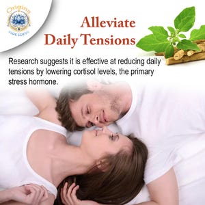 May include: Image promoting stress relief. Text reads "Alleviate Daily Tensions." A couple is shown lying down, looking at each other. The image includes a logo and text about reducing stress by lowering cortisol levels. Green leaves and brown sticks are in the upper right corner.