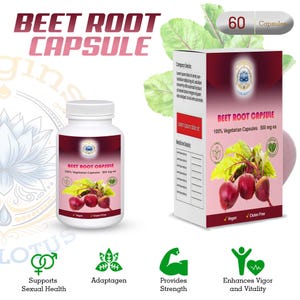 May include: A white bottle and a maroon box of Beet Root Capsule supplements. The bottle and box feature the text "Beet Root Capsule" and images of beets. The box also states "100% Vegetarian Capsules 500 mg ea". The image includes icons for vegan and gluten-free.