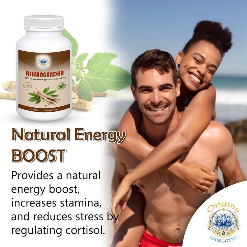 May include: A white bottle of Ashwagandha capsules with a brown label, featuring text and illustrations of the plant. The image also includes the text "Natural Energy BOOST" and a couple smiling on a beach.