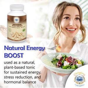 May include: A white bottle of Shatavari Root Capsule supplements with a brown label. The label includes text and an illustration of the root. The image also features the text "Natural Energy BOOST" and a woman eating a salad.