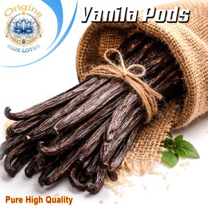Peut inclure: Un faisceau de gousses de vanille brun foncé liées avec de la ficelle, sortant d'un sac en toile de jute beige. Le texte "Vanila Pods" apparaît en haut et "Pure High Quality" en bas. Un logo "Origins Blue Lotus" est en haut à gauche.
