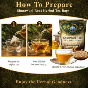 May include: An instructional graphic for Origins Blue Lotus Shatawari Root Herbal Tea Bags. It shows steps to place a tea bag in a cup, pour 200ml of hot water, and steep for 5-7 minutes. The image features a tea bag, a glass cup, and a tea pouch.