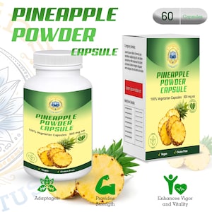 May include: A white plastic bottle and a rectangular cardboard box labelled Pineapple Powder Capsule. Both feature green and yellow gradients, a pineapple illustration, and text stating 100% Vegetarian Capsules 500 mg ea, Vegan, and Gluten Free.