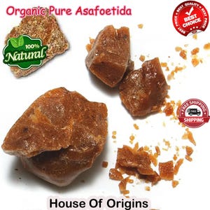 May include: Organic pure asafoetida, a natural spice, in brown chunks. The label reads "100% Natural".
