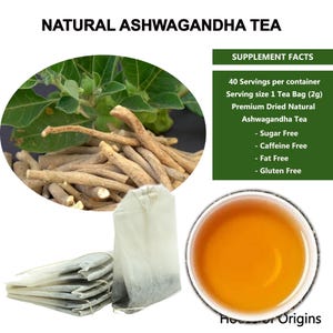 May include: Image of natural Ashwagandha tea. The image shows a cup of tea, tea bags, and dried roots. The text on the image says "Sugar Free", "Caffeine Free", "Fat Free", and "Gluten Free".
