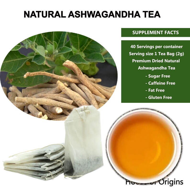 May include: Image of natural Ashwagandha tea. The image shows a cup of tea, tea bags, and dried roots. The text on the image says "Sugar Free", "Caffeine Free", "Fat Free", and "Gluten Free".