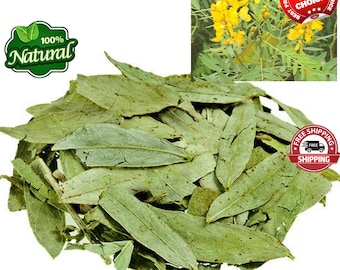 May include: A pile of dried green senna leaves, a natural herbal remedy. The image also includes a label that says "100% Natural" and a stamp that says "Free Shipping".