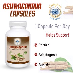 May include: A white bottle of Ashwagandha capsules with the text "Ashwagandha Capsules" in a bold, brown font. The label includes the text "100% Vegetarian Capsules 500 mg ea" and "Vegan" and "Gluten Free" labels. The image also includes the text "1 Capsule Per Day Helps Support Cortisol, Adaptogenic, Anxiety."