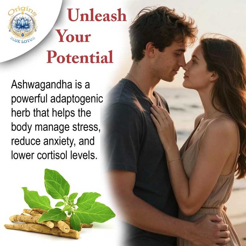 May include: Image promoting Ashwagandha, featuring a couple embracing. Text reads "Unleash Your Potential" and describes Ashwagandha as an adaptogenic herb. The image includes a close-up of Ashwagandha roots and leaves.