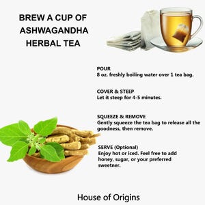 May include: Image showing instructions for brewing Ashwagandha herbal tea. Includes a teacup with tea, tea bags, and a wooden bowl with ashwagandha roots and leaves. Text reads: Brew a cup of Ashwagandha herbal tea.