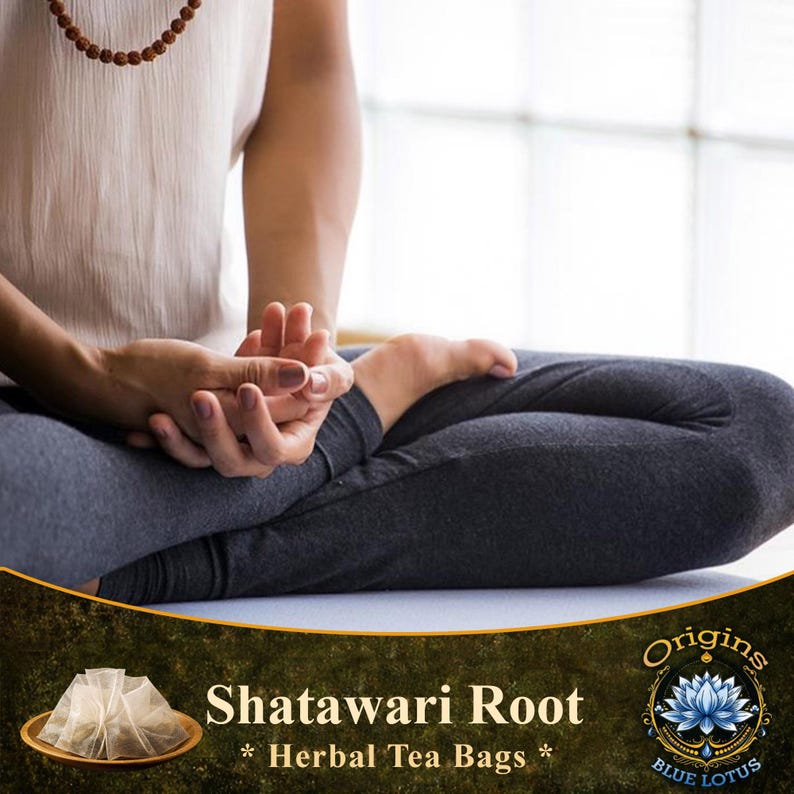 May include: A white, semi-transparent pyramid-shaped herbal tea bag containing Shatavari root, displayed on a small wooden plate. The text reads Origins Blue Lotus, Shatavari Root, and Herbal Tea Bags, featuring a blue lotus flower icon.