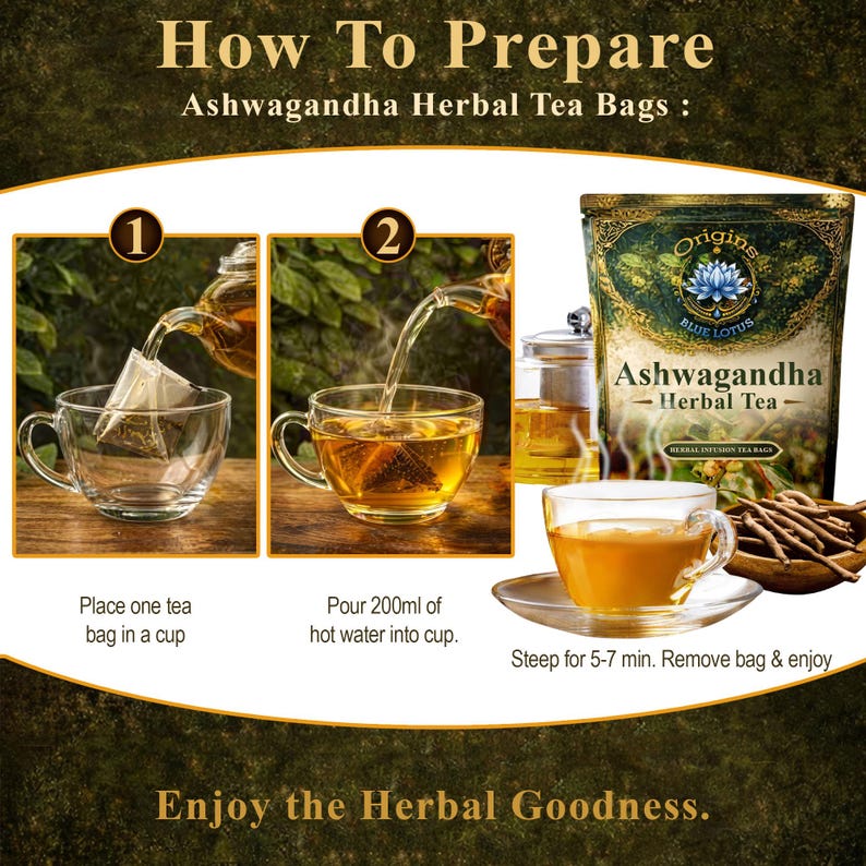 Op de afbeelding: Een instructieve afbeelding voor Origins Blue Lotus Ashwagandha kruidenthee. Het toont de bereidingsstappen: een zakje in een kopje plaatsen, 200 ml heet water inschenken en 5-7 minuten laten trekken. De verpakking en een kopje thee zijn zichtbaar.