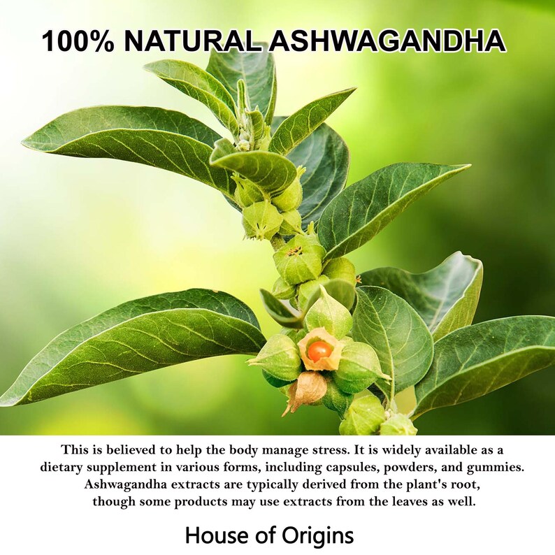 May include: Close-up of an ashwagandha plant with green leaves and small, round, green and orange fruits. The text "100% NATURAL ASHWAGANDHA" is at the top. The text "House of Origins" is at the bottom.