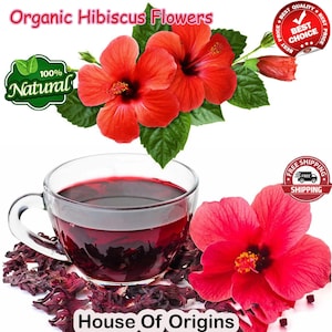 Può includere: Primo piano di una tazza di tè rosso di ibisco con fiori di ibisco secchi sparsi intorno alla tazza. L'immagine mostra anche fiori di ibisco rossi freschi con foglie verdi.