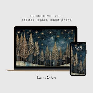 Może przedstawiać: Zestaw tapet cyfrowych na komputer, laptop, tablet i telefon z ciemnoniebieskim rozgwieżdżonym niebem i złotymi sosnami. Tekst brzmi UNIQUE DEVICES SET desktop. laptop. tablet. phone, a na dole znajduje się napis botanicArt.
