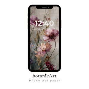May include: A smartphone displays a floral phone wallpaper. The wallpaper features a painting of pink and purple flowers with green stems against a muted background. The time 12:40 is displayed at the top, with "Sunday, October 13" below it. The words "botanicArt Phone Wallpaper" are at the bottom.