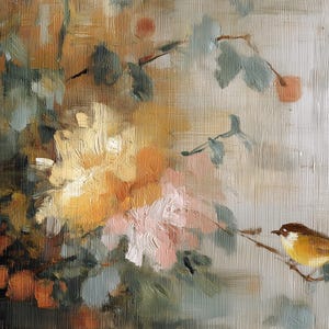 Vintage botanische Vogel-Tapete - hochwertige Kunst zum Drucken - übergroße Ölgemälde-Stil - Blumen-Landschaftstapete - Wandkunst