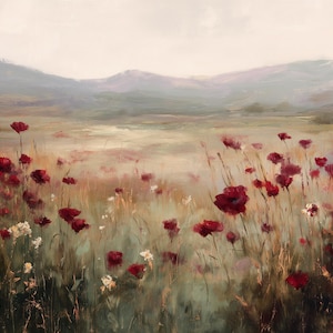 Vintage botanische Mohnblumen-Tapete - hochwertige Kunst zum Drucken - übergroße Ölgemäldeart - Blumenlandschaftstapete - Wandkunst
